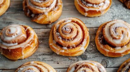 Freshly baked cinnamon and sugar glazed sweet buns arranged neatly on a gray wooden surface