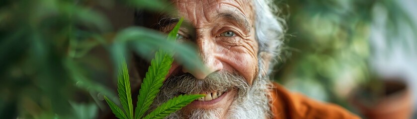 Obraz premium Elderly man with a white beard, smiling and holding a cannabis leaf close to the camera