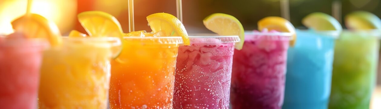 Colorful frozen drinks in a row, vibrant summer colors, bright sunlight making them sparkle, festive outdoor setting