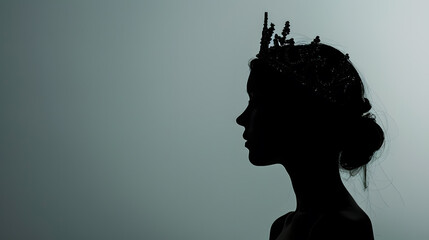 Silhouette of woman wearing crown on light grey background : Generative AI