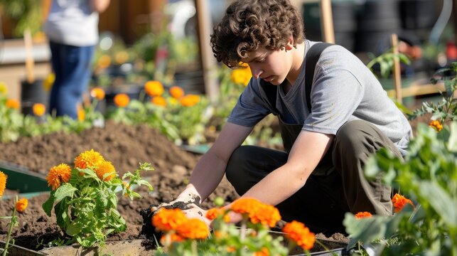 A teenage boy volunteering at a community garden, 