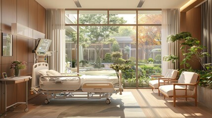 Fototapeta premium hospital patient room featuring comfortable furnishings, 