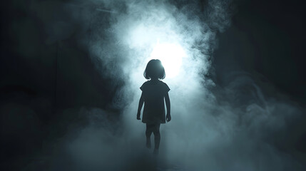 A silhouette of a little girl emerges from a luminous room with smoke in the dark The concept of childrens fears and mysticism : Generative AI