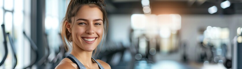 Naklejka premium Smiling woman in gym attire at a fitness center, bright and modern setting, positive and motivational vibe