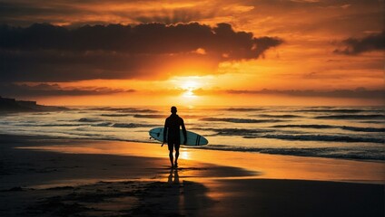 Surfer walking on beach at sunset with surfboard