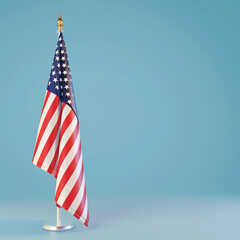 Graceful Memorial Day display with an American flag on a tranquil blue background.