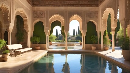 A tranquil courtyard filled with beautiful geometric patterns and fountains in an Andalusian riad -