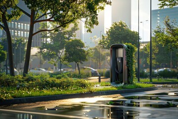 A parking meter is in a park next to a street