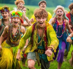A group of teenagers are running through a field, all wearing colorful clothes and accessories. AI.