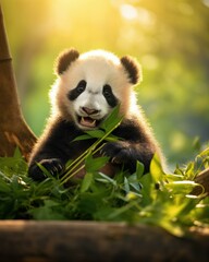 Obraz premium An adorable baby panda sits in a lush bamboo forest, munching on some tasty bamboo leaves. AI.