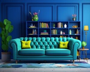 Blue velvet sofa in the living room with blue background wall.