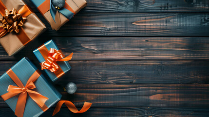 gifts on wooden background. copy space, border, View from above