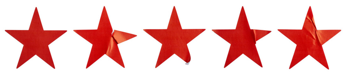 A set of red star shape paper sticker label isolated on white background.	

