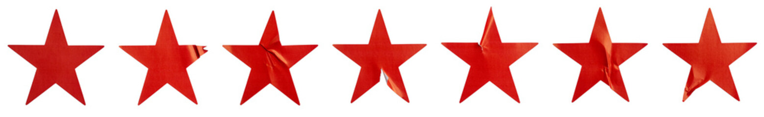 A set of red star shape paper sticker label isolated on white background.	
