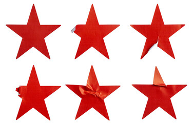 A set of red star shape paper sticker label isolated on white background.	
