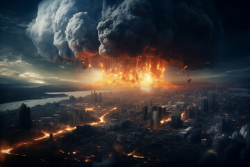 Naklejka premium An explosion in a town's skyline. Nuclear explosion of atomic bomb, nuclear war