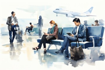 Watercolour style illustration of people waiting in an airport	