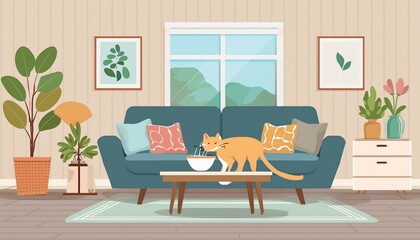 Yellow cat drinking milk out of a bowl in a living room. Vector look