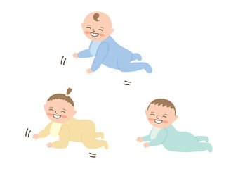 笑顔でハイハイする3人の赤ちゃん