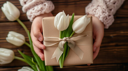 The child's hands hold a beautiful gift box with a ribbon and white tulips. Top view, close-up