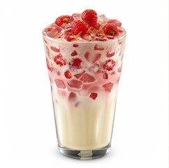 an iced strawberry latte in a clear glass, bottom layer of finely crushed strawberries, middle filled with smooth white milk, top with ice cubes in milk, no cream topping,white background 