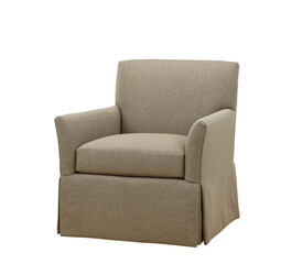 cut out fabric armchair soft cushion with wood leg isolated on white background. clipping path included. 3d rendering modern interior retro furniture design for living room. studio photography.