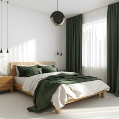 Minimalist Bedroom Sanctuary Clean White Walls Oak Frame Deep Forest Green Accents and ZenInspired