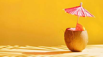 A mini coconut cocktail with an umbrella on a yellow background, minimal concept photography. Summer vacation concept