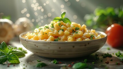 Front view fragrant mac and cheese with white background and spotlight for advertise and presentation. Created using generative AI