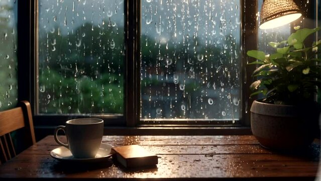 illustration of a cup of coffee and a book on a table near the window in the rainy season