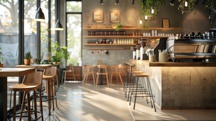 Fototapeta premium Authentic images portraying the charm of coffee shop interiors, featuring modern simplicity and functionality, providing a pleasant setting for work and relaxation.