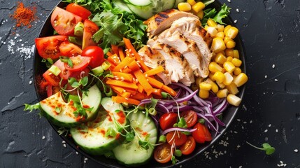 Fresh veggie and chicken salad on a dark surface