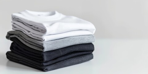 a stack of folded different t-shirt on a studio background with copyspace