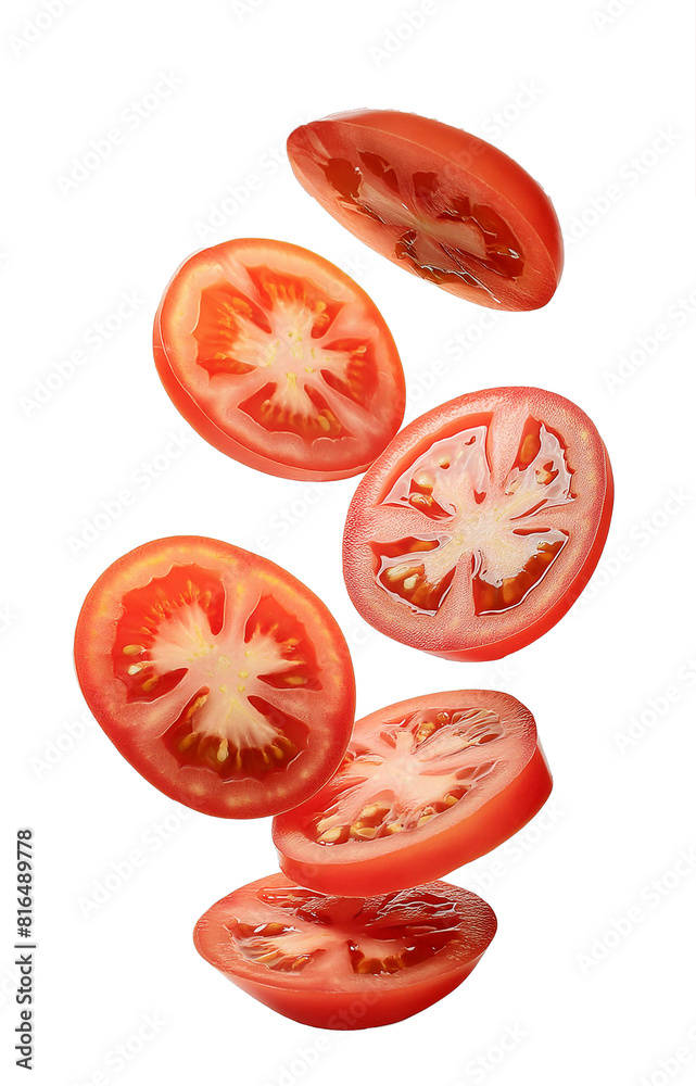 Wall mural fresh tomato slices floating on a transparent background