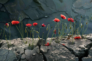 Resilience and remembrance on Memorial Day poppies growing through cracks in a war monument.