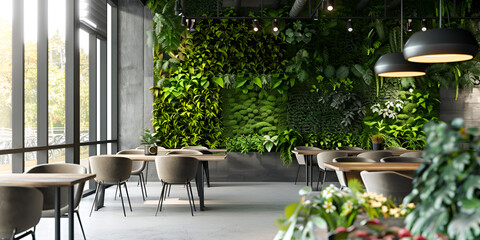 Modern restaurant interior with vertical living green wall and wooden furniture 
