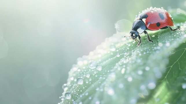 Close up beautiful lady bug on the leaves with dew under the morning sunlight in the garden. Video background wallpaper for biological diversity world day and environmental world day.