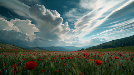 A poppy field under moving clouds reflects the transient peace and past conflicts of Memorial Day.