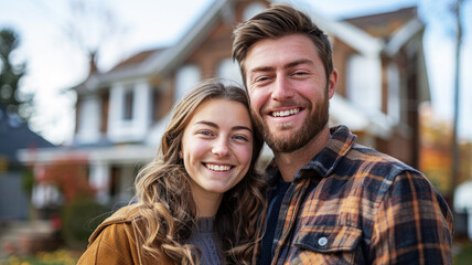 Obraz premium A joyful young couple smiling at the camera with a modern two-story house in the background in a suburban neighborhood