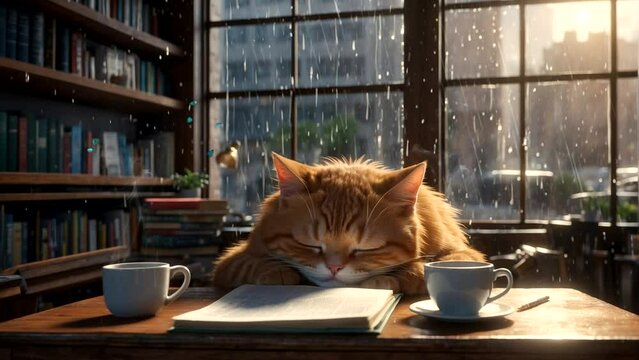 illustration of a cat sleeping on a table in the rain