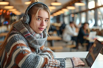 Blonde student at magical desk: Colorful studying with headphones