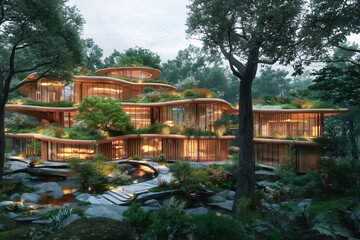 Architecture principles applied in a new public building with greenery environment ecology, enhancing environmental fit and sustainability.