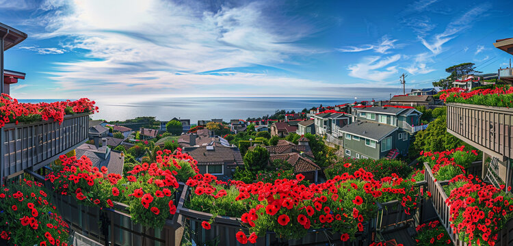 Panoramic view of a coastal wn adorned with red poppies  Memorial Day.