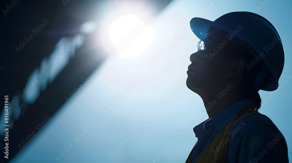 Poster silhouette of asian engineer looking up : generative ai