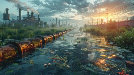 Sunset over industrial zone with water pollution