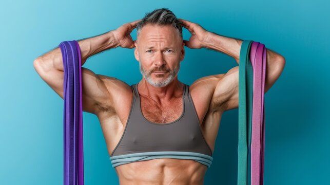  A man holds purple-blue straps before his head, clad in a sports bra top