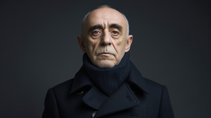 Fototapeta premium A man in a black coat, scarfed neck - gaze serious