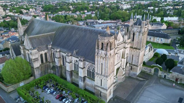 Cathedral of Saint Pierre in Poitiers, France. Aerial drone forward