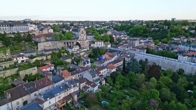 Poitiers cityscape and Coligny-Cornet school in background, France. Aerial drone sideways and sky for copy space