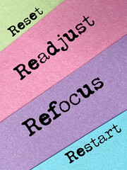 Inspirational Quote - Reset readjust refocus restart text background. Stock photo
